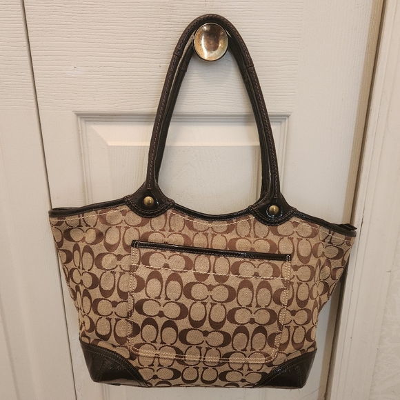 Coach 12369 Bleecker Khaki Jacquard Sig C with Brown Leather Trim Tote Bag Purse - Picture 2 of 7